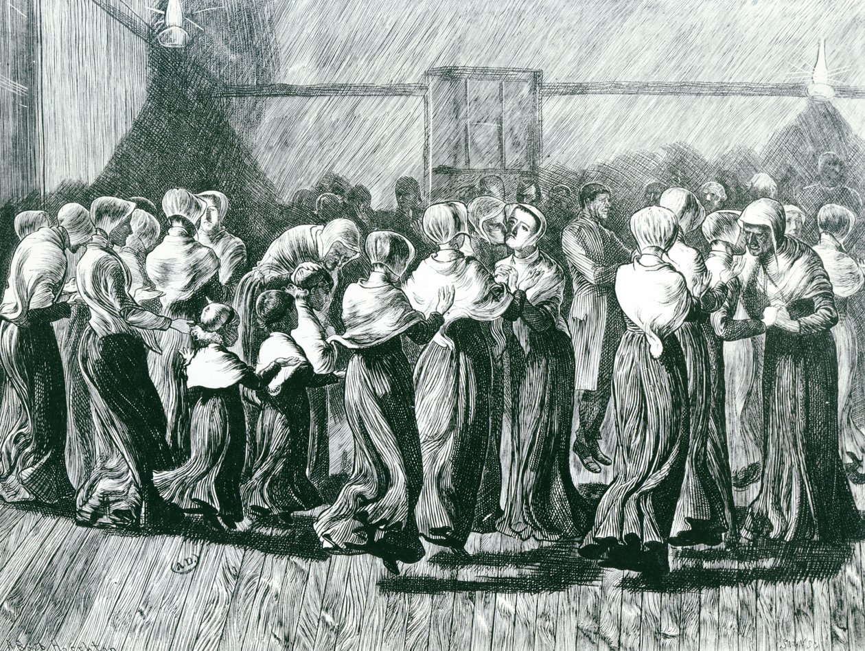 Shakers at a Meeting: the Religious Dance, illustration fra The Graphic, udgivet 14. maj 1870 af Arthur Boyd Houghton