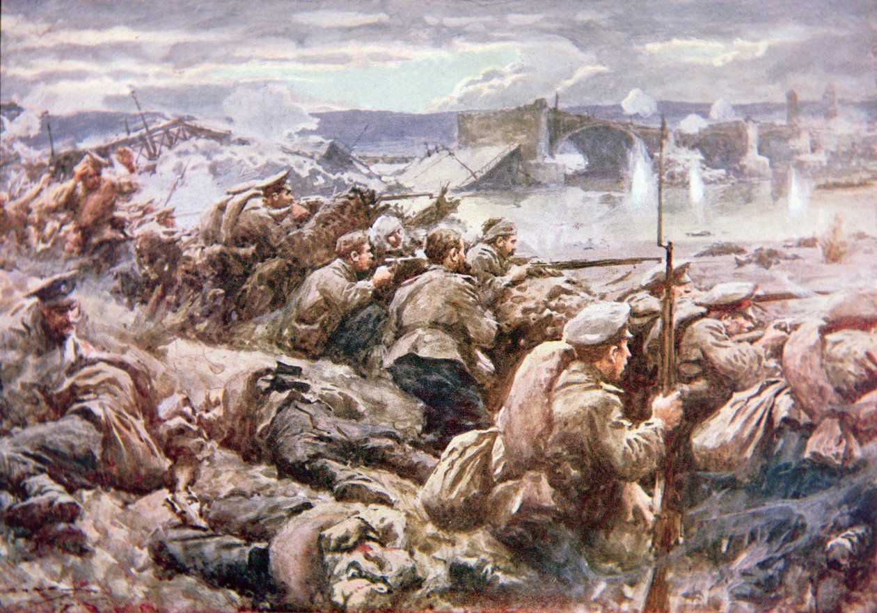 En heroisk russisk bagtropsaktion i det store polske tilbagetog (farve litho) af Arthur C. (after) Michael