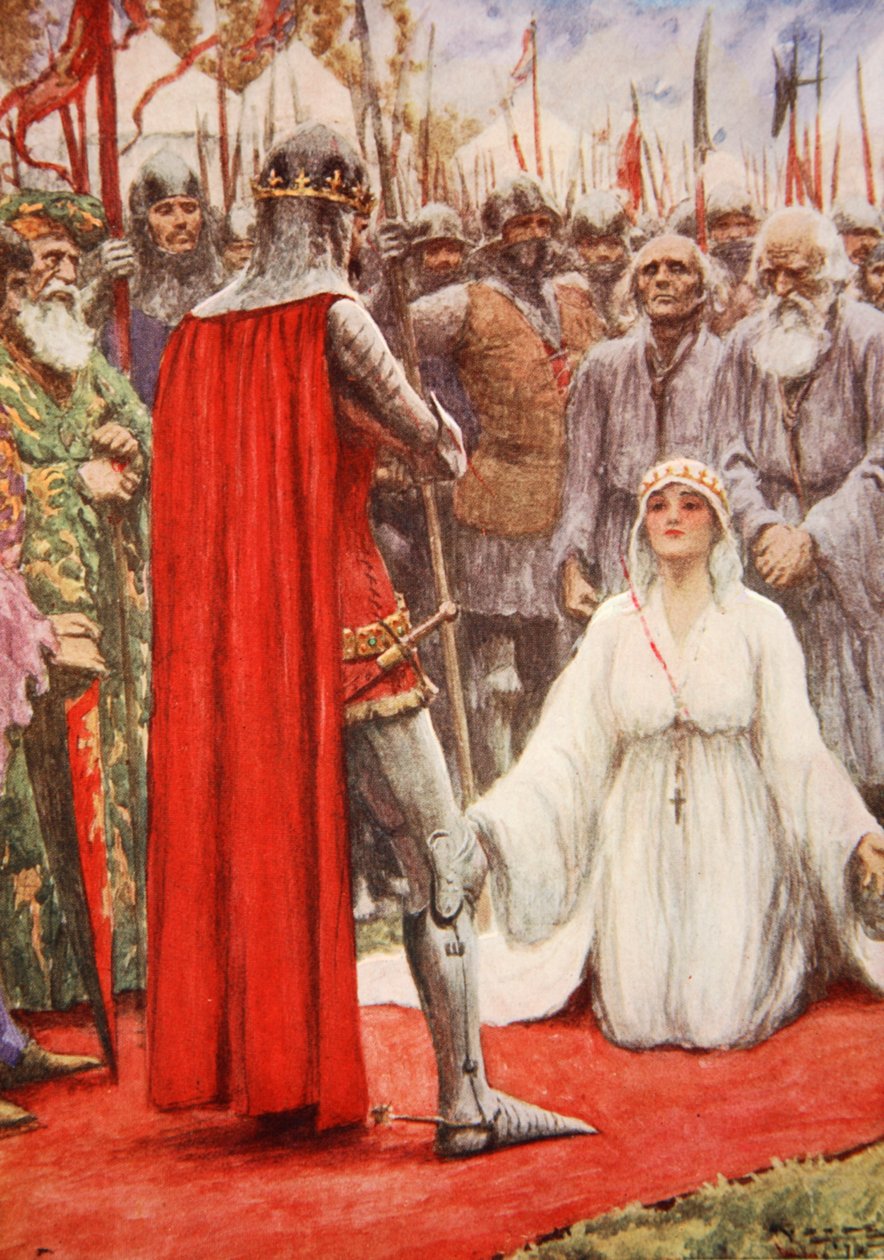 Kong Edward så ned i dronning Philippas bedende øjne (farve litho) af Arthur C. (after) Michael