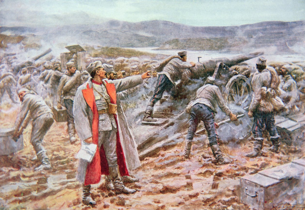 Serbisk artilleri i aktion mod østrigerne (farve litho) af Arthur C. (after) Michael
