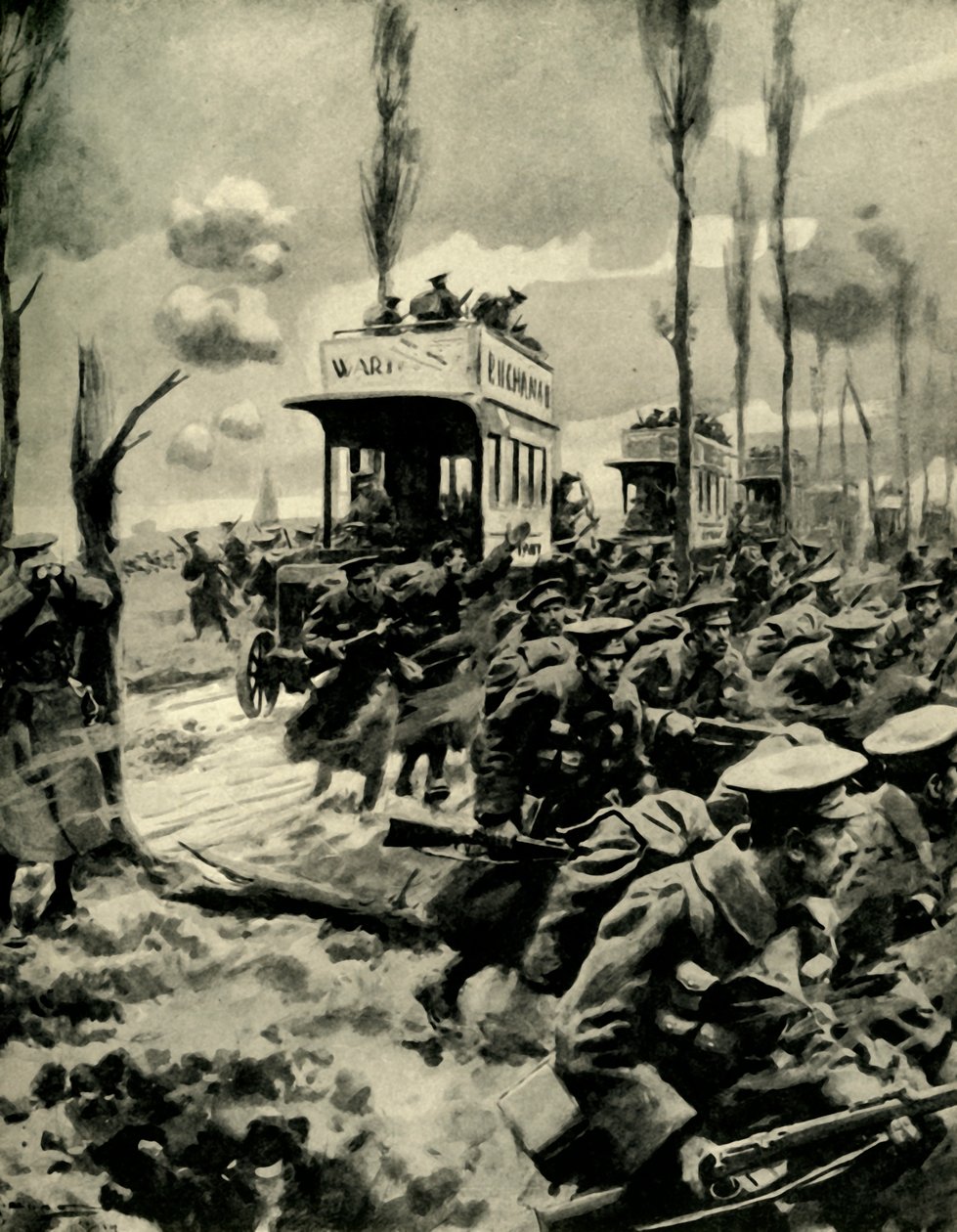 London-busser bruges til at transportere tropper til fronten, Første Verdenskrig, 1914-1918, c1920. af Arthur C. Michael