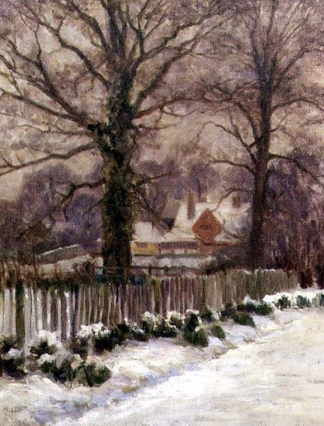 A Snow-Covered Lane, Radlett, Hertfordshire (olie på lærred) af Arthur Claude Cooke