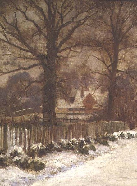 Elms in a Snowy Lane (olie på lærred) af Arthur Claude Cooke