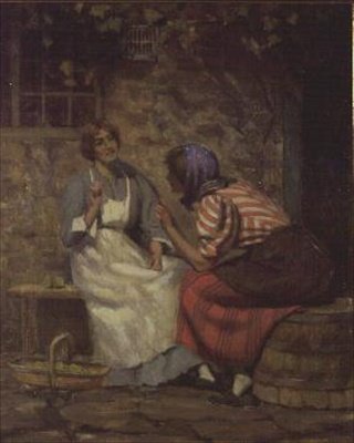 Skandale, to piger, der sladrer uden for et sommerhus af Arthur Claude Cooke
