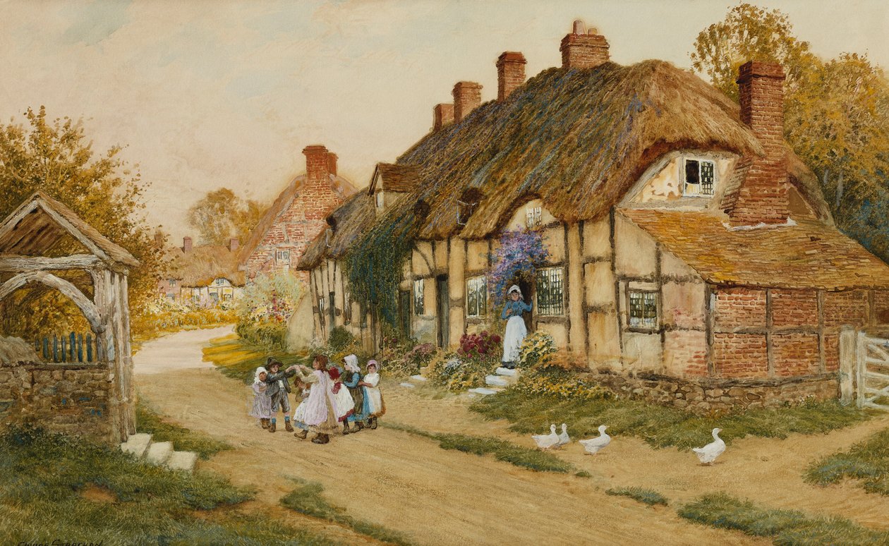 Børn leger udenfor et sommerhus i en landsby af Arthur Claude Strachan