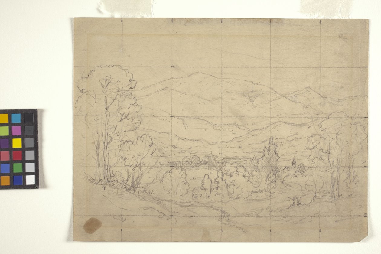Studie til bjergrigt landskab (blyant på råhvidt papir firkantet til overførsel) af Arthur Clifton Goodwin