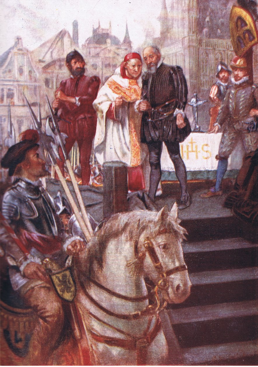I midten af pladsen var der opstillet et stillads, illustration fra Romance of History: The Netherlands, 1920