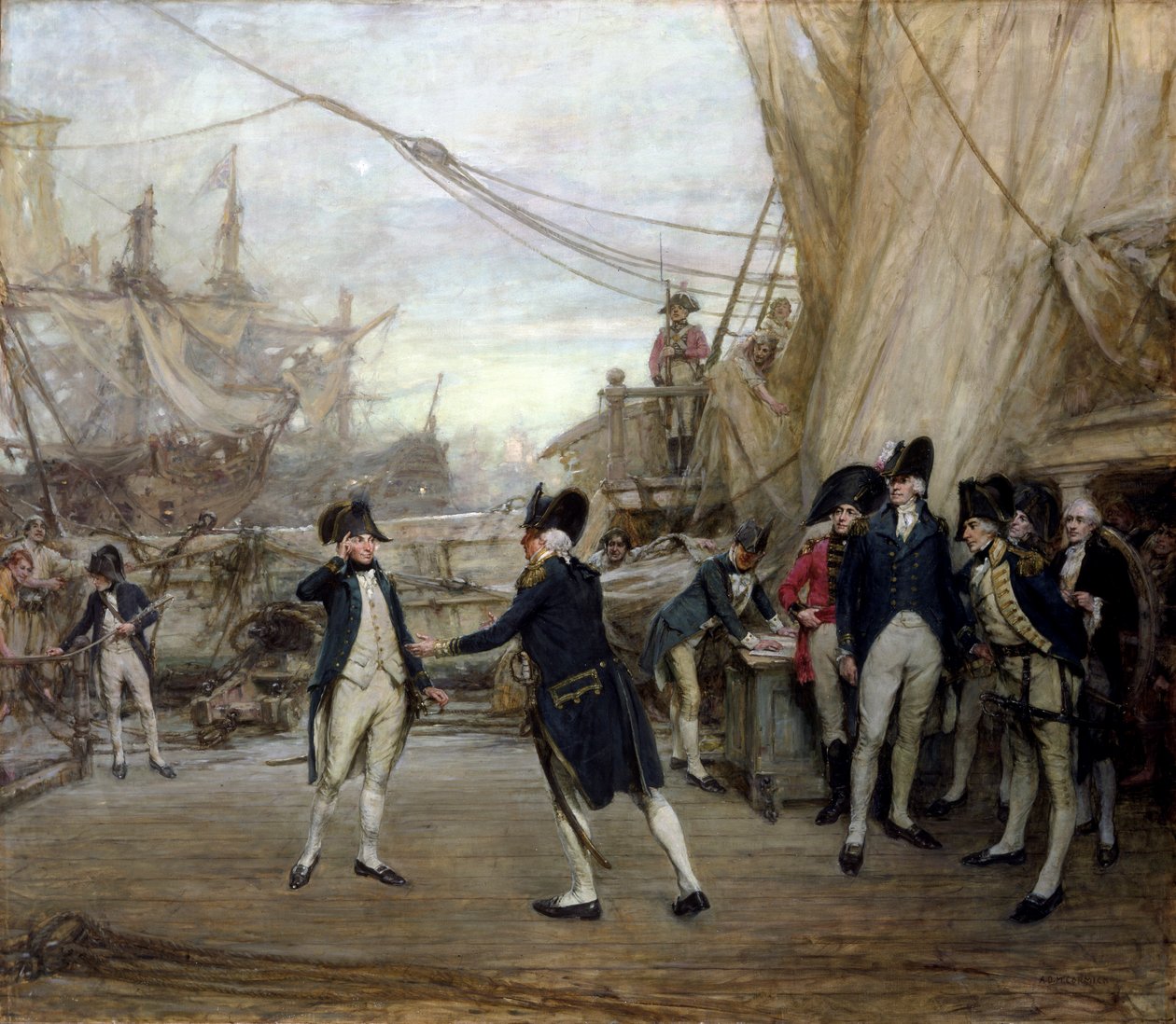 Nelson modtaget af admiral Jervis efter slaget ved St. Vincent (olie på lærred) af Arthur David McCormick