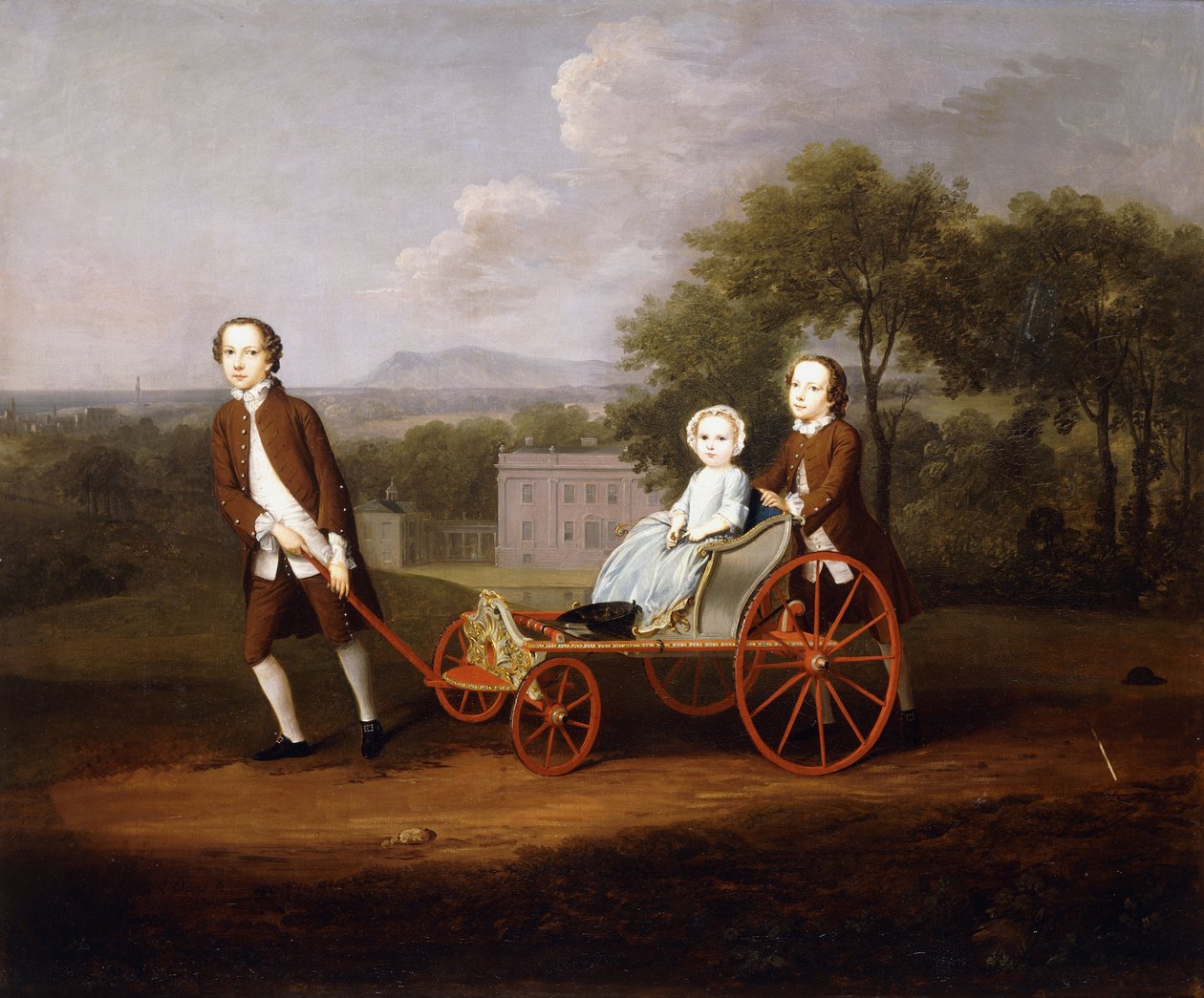 Et gruppeportræt af tre af børnene af Peter og Mary Du Cane, alle små i fuld længde, leger med en udførlig hundevogn, på grunden af et landsted, 1747 af Arthur Devis