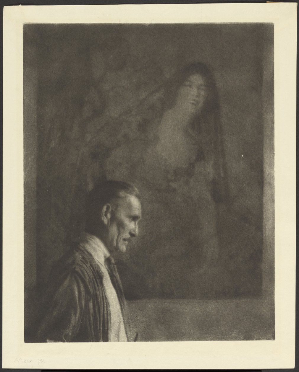 [Mand med lille, pænt overskæg i profil foran et maleri af en kvinde i spansk klædedragt]. af Arthur F. Kales