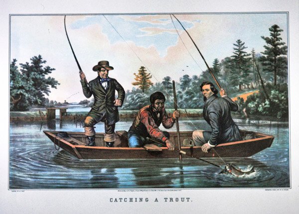 At fange en ørred, udgivet af N. Currier af Arthur Fitzwilliam (after) Tait