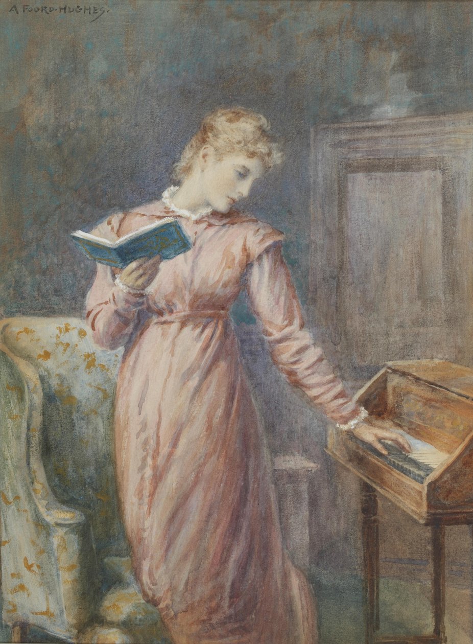En dame læser, mens hun spiller spinet. af Arthur Foord Hughes