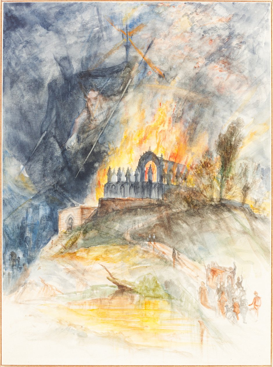 En kirkelig bygning i flammer med dæmoner ovenover af Arthur Frederick Payne