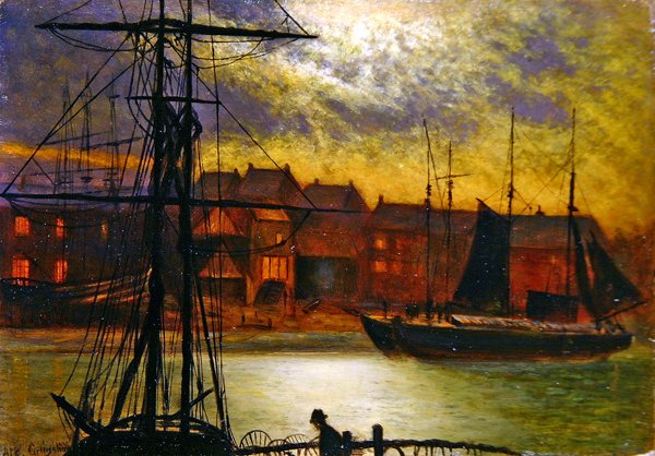 Både i Whitby Harbor (olie på lærred) af Arthur Grimshaw