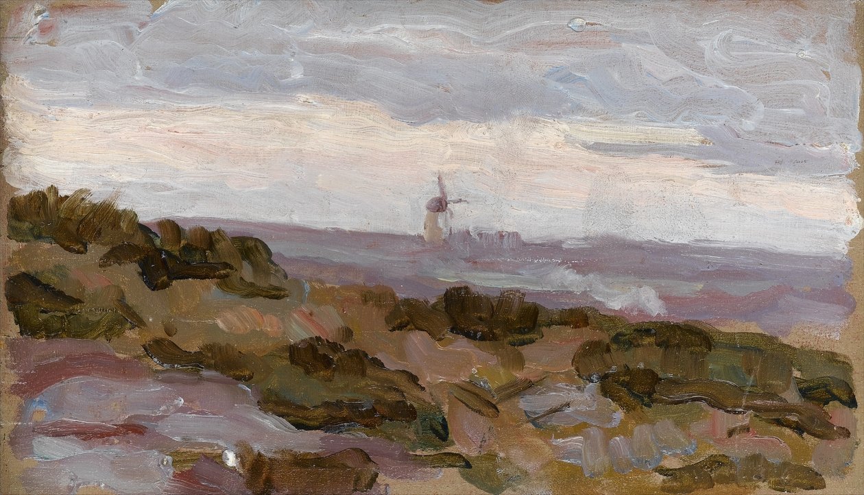 Landskabsstudie med vindmølle i horisonten, ca. 1900 af Arthur Haythorne Studd