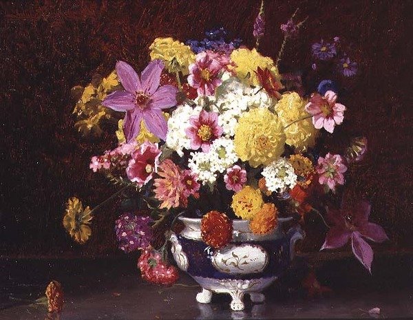 Stilleben med syrener og krysantemum af Arthur Herbert Buckland