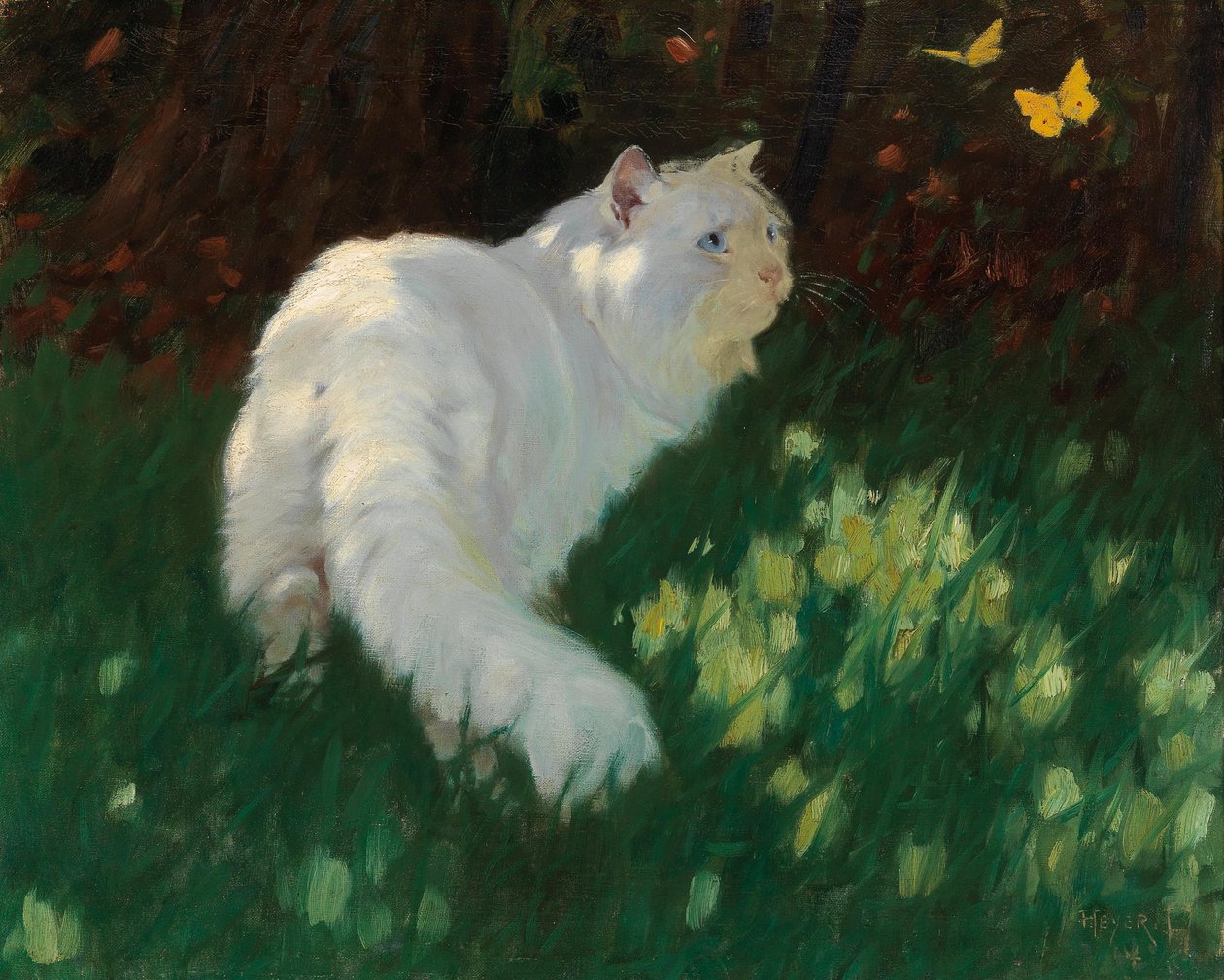 Hvid kat og sommerfugle af Arthur Heyer