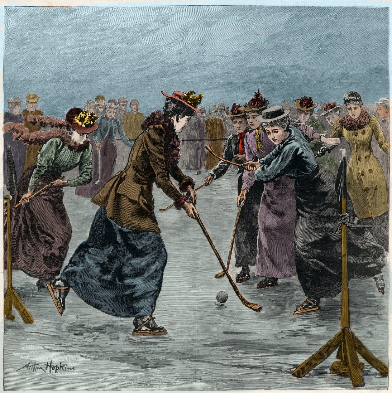 Ishockey: en damekamp på søen i Wimbledon Park. (senere farvelægning). af Arthur Hopkins