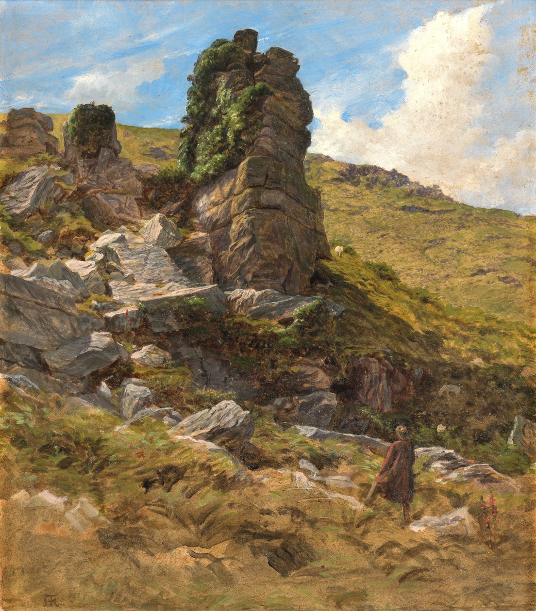 A Rocky Outcrop (olie på kort) af Arthur Hughes