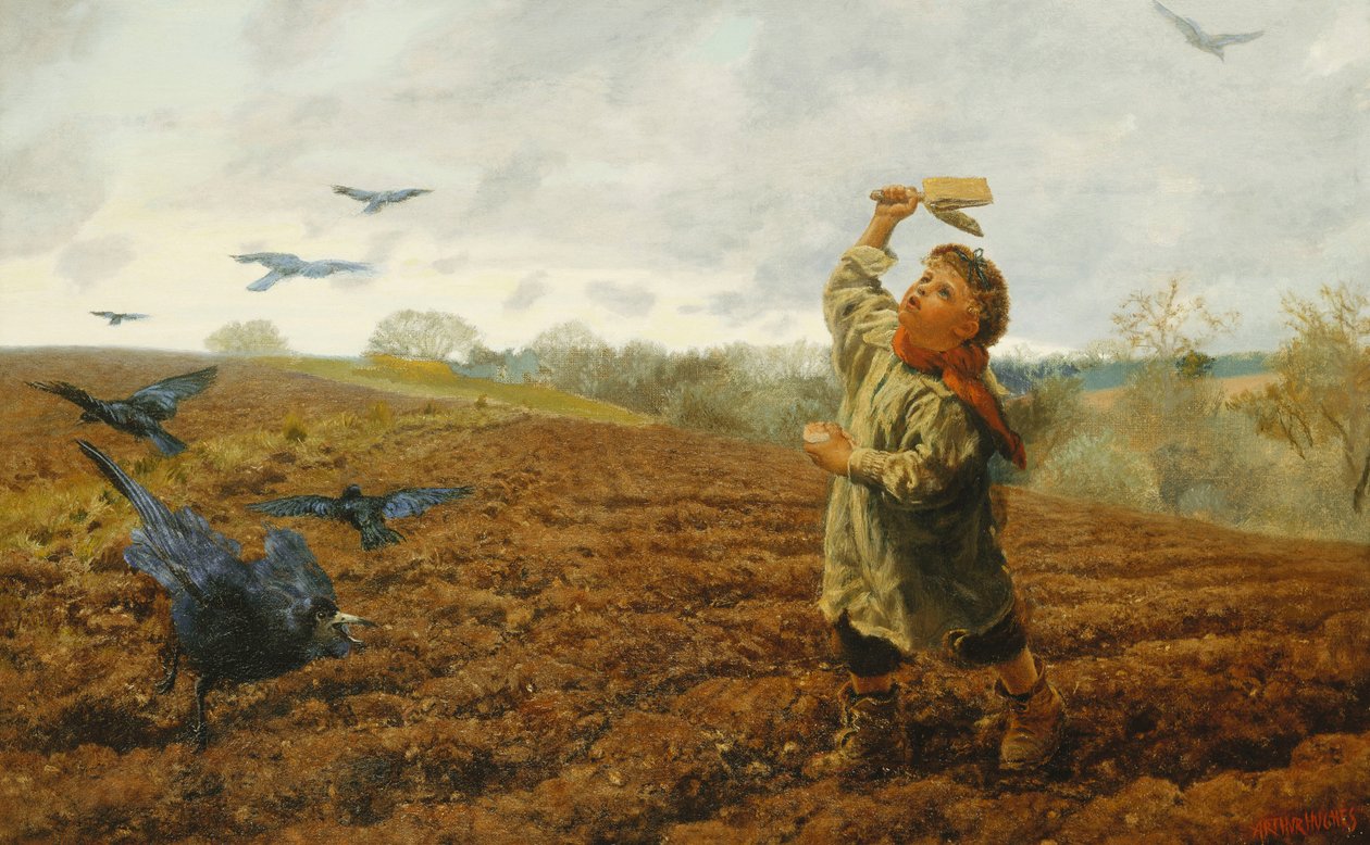 Krage-skræmmeren; "Duer og krager, pas på dine tæer", 1884 af Arthur Hughes
