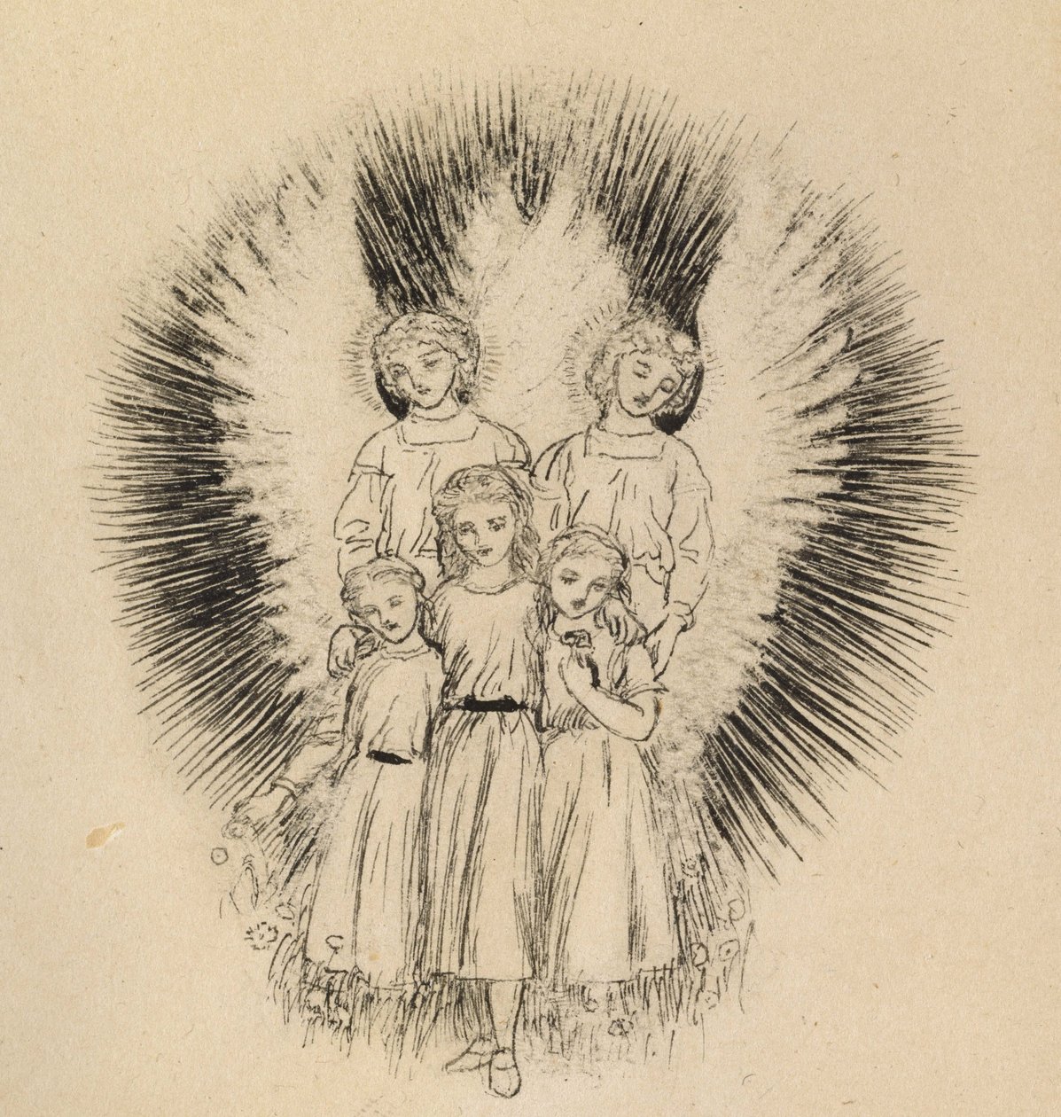 Tre små børn på den vide, vide jord (pen og sort blæk på hvidt papir) af Arthur Hughes