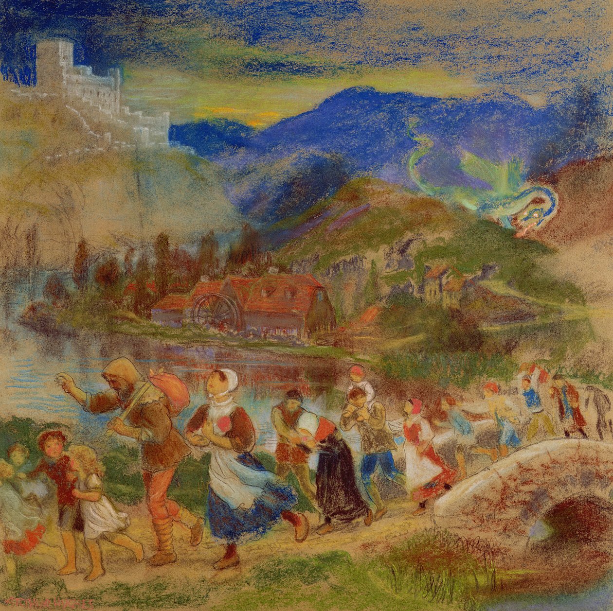 Landsbyboere på flugt fra en drage af Arthur Hughes