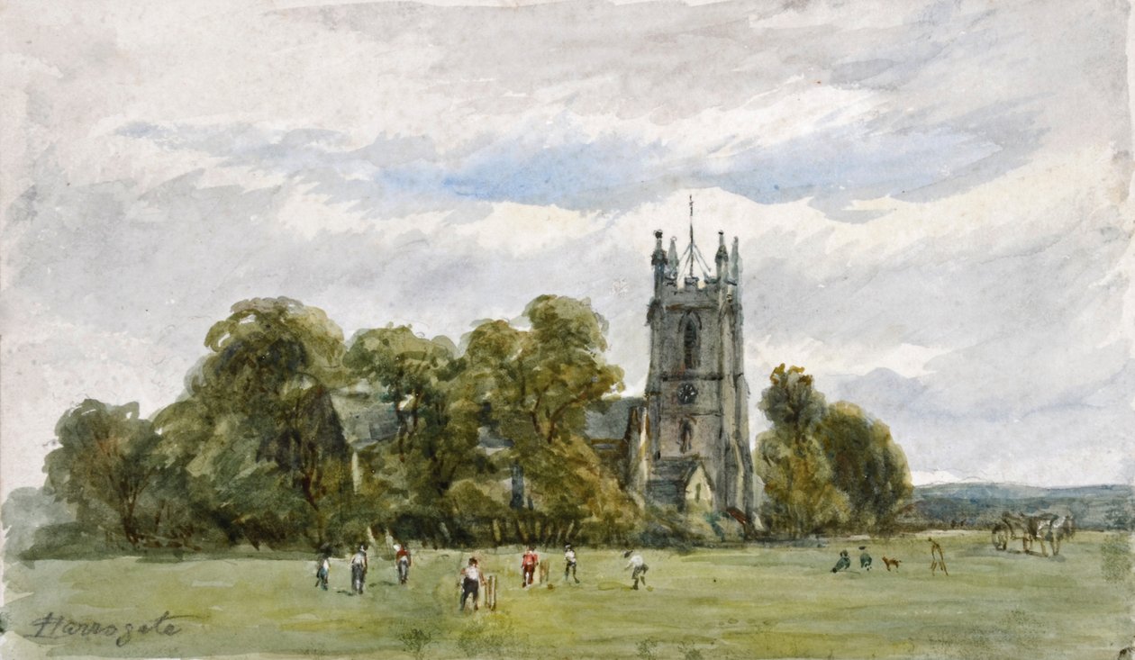 Cricket on the Stray, foran Christ Church, High Harrogate (akvarel) af Arthur J. Stark