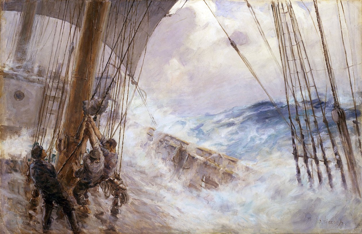 Manøvrer for at sænke sejlet fra stormasten i stormen. Olie på lærred af Arthur John Briscoe