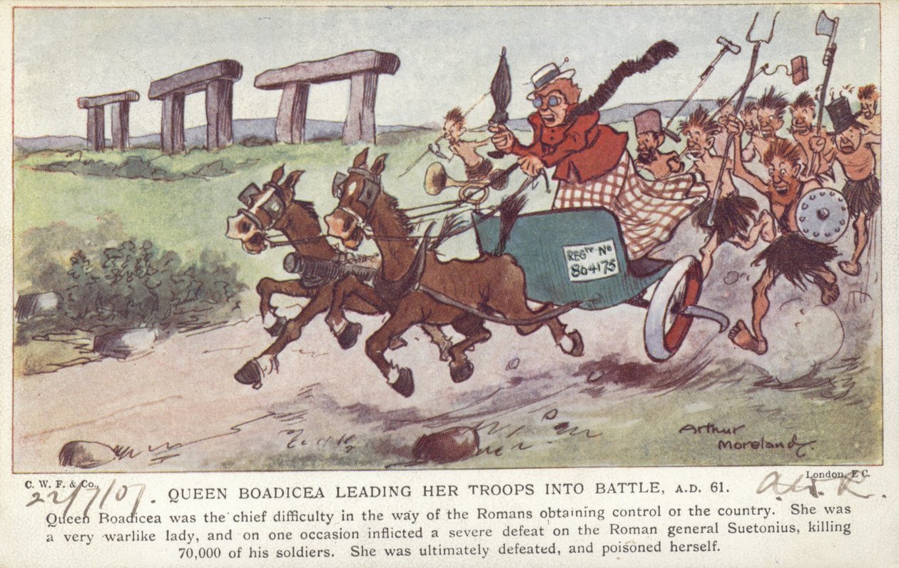 Dronning Boadicea fører sine tropper i kamp, AD 61 (farvelitografi) af Arthur Moreland