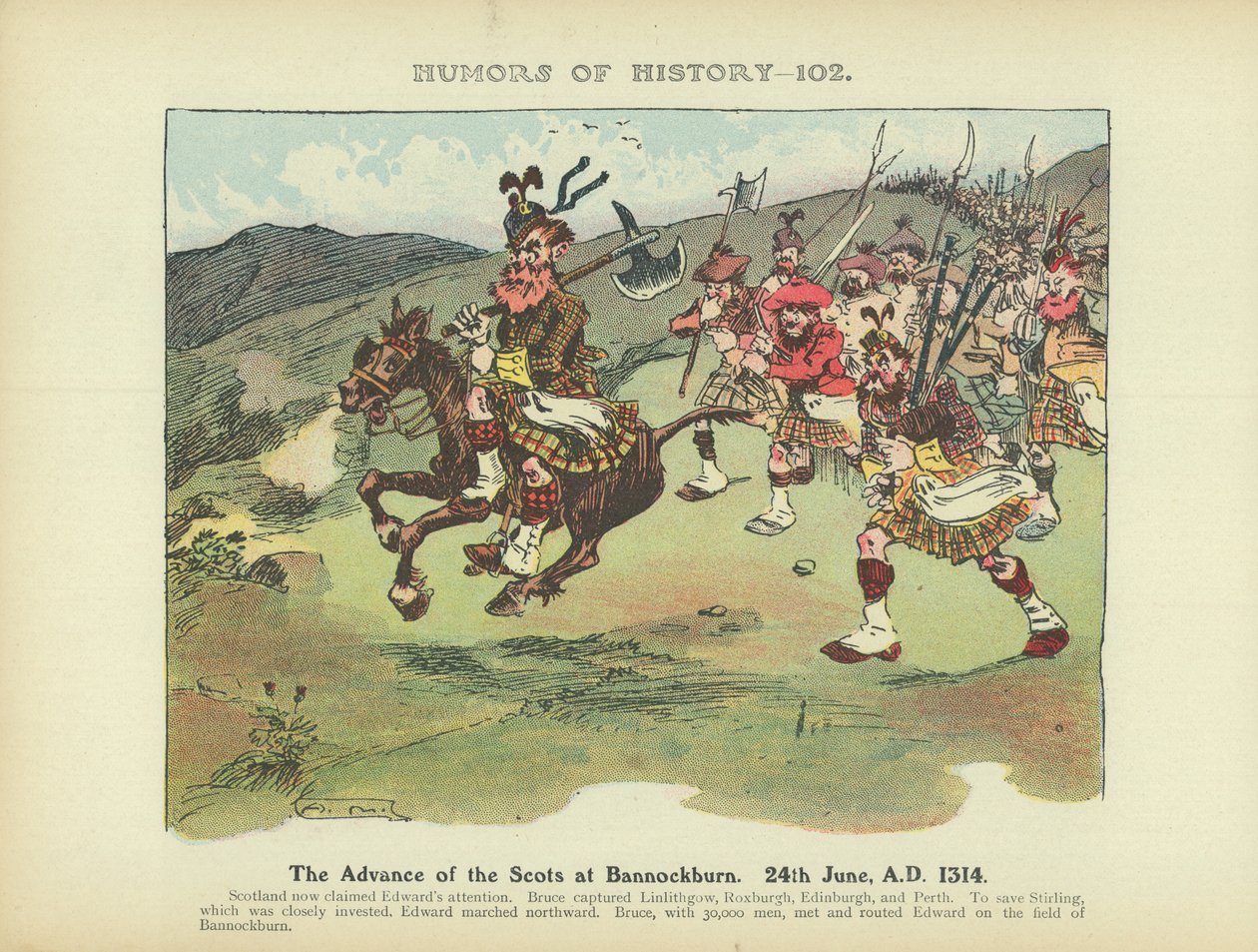Skotternes fremmarch ved Bannockburn. 24. juni 1314 e.Kr. (farvelitografi) af Arthur Moreland