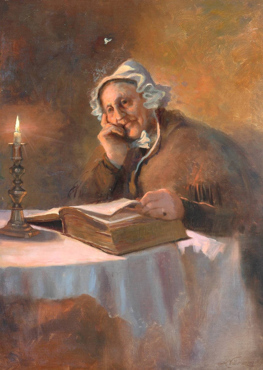 Portræt af en gammel kvinde, der læser Bibelen ved levende lys, 1896 af Arthur Netherwood
