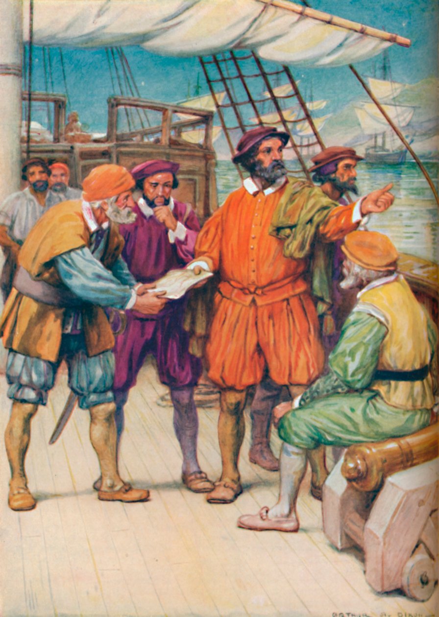 Magellan konsulterer med sine navigatører, c1925 af Arthur Percy Dixon