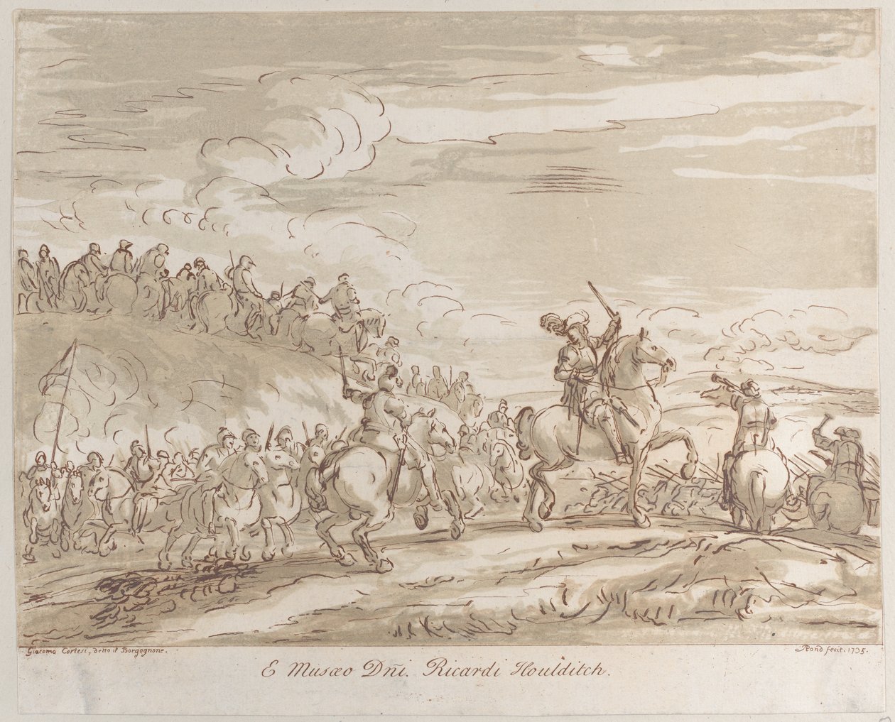 Kavaleri rykker frem til angrebet med en central skikkelse på hesteryg, der hæver et sværd, 1735., 1735. af Arthur Pond