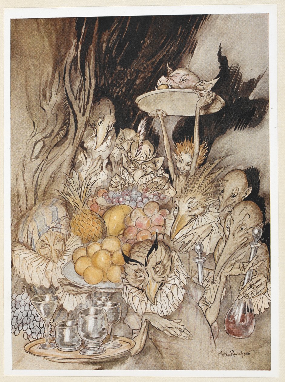 ACT III: Scene III, linje 19 Gå ind i flere mærkelige former, bring en banket ind ... at invitere kongen osv. til at spise. af Arthur Rackham