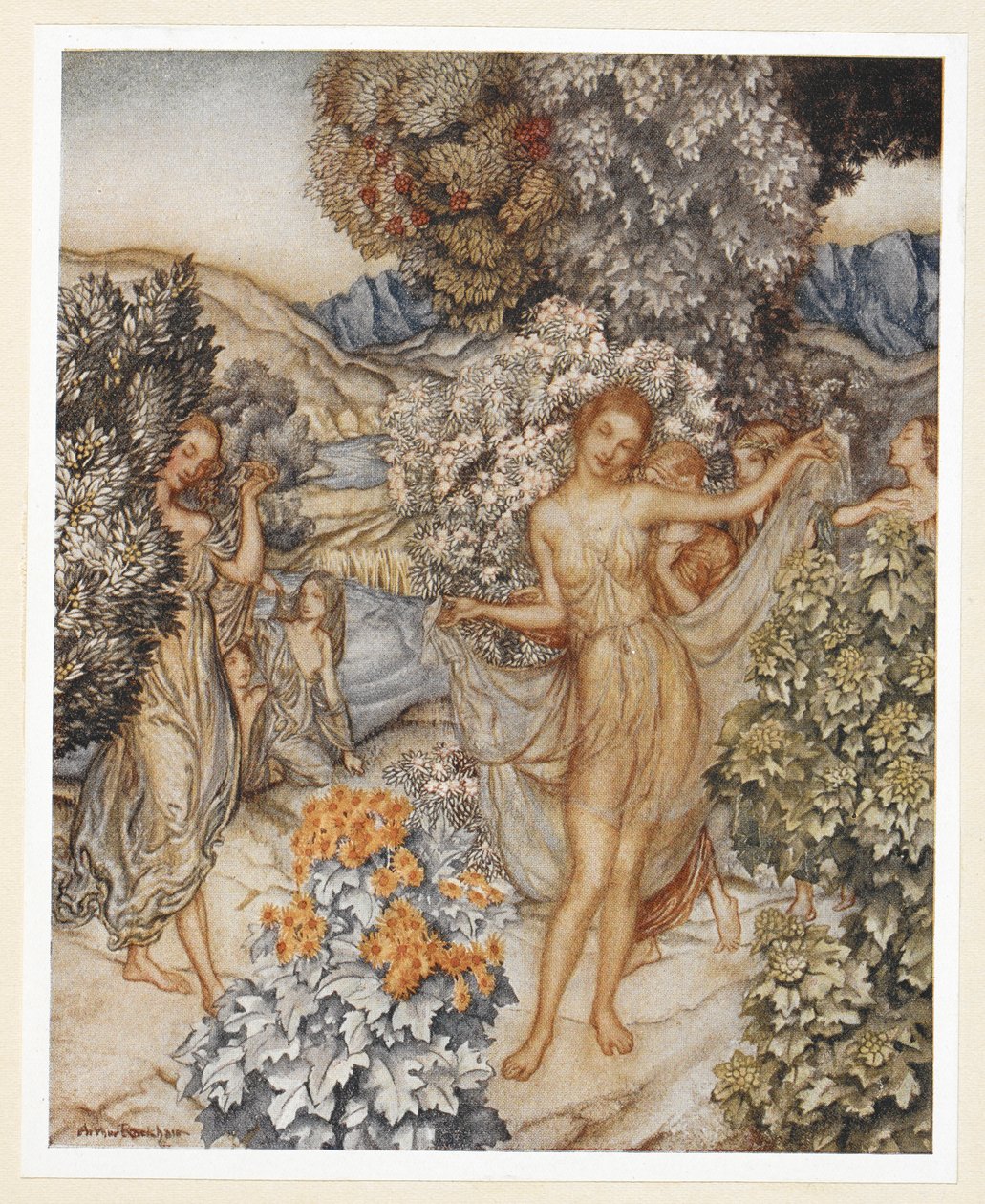 AKT IV: Scene I, linje 132 Kom, temperer nymfer, og vær med til at fejre En kontrakt om ægte kærlighed. Prospero instruerer Ariel om at efterlade skrigende tøj på et træ for at friste mændene. af Arthur Rackham