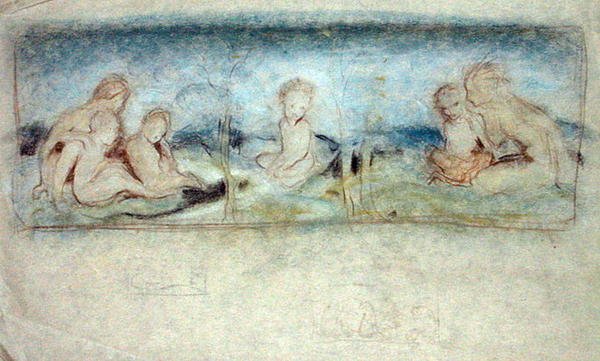 Et barn blandt feer-studie til et oliemaleri (pastel på papir) af Arthur Rackham