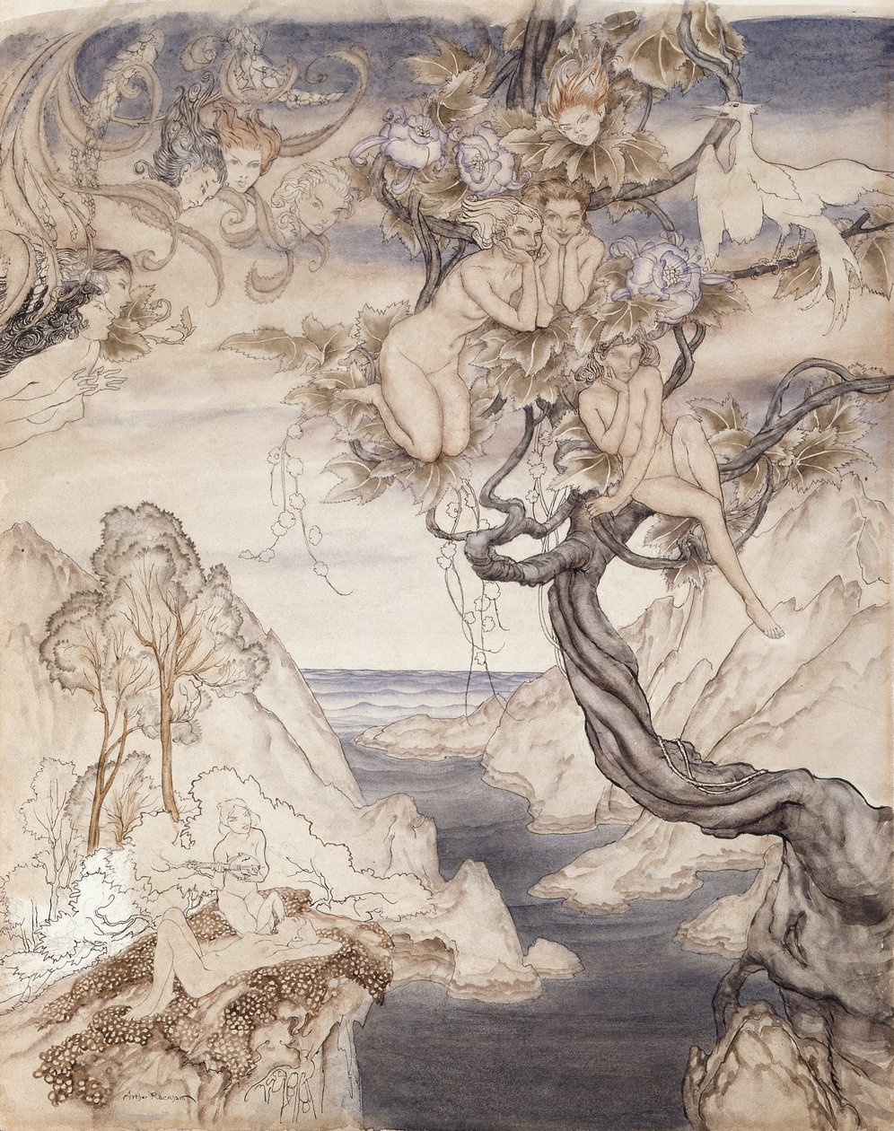 A Fairy Song, tegnet til akt II, scene ii, fra A Midsummer Nights Dream (pen og blæk & wc på papir) af Arthur Rackham