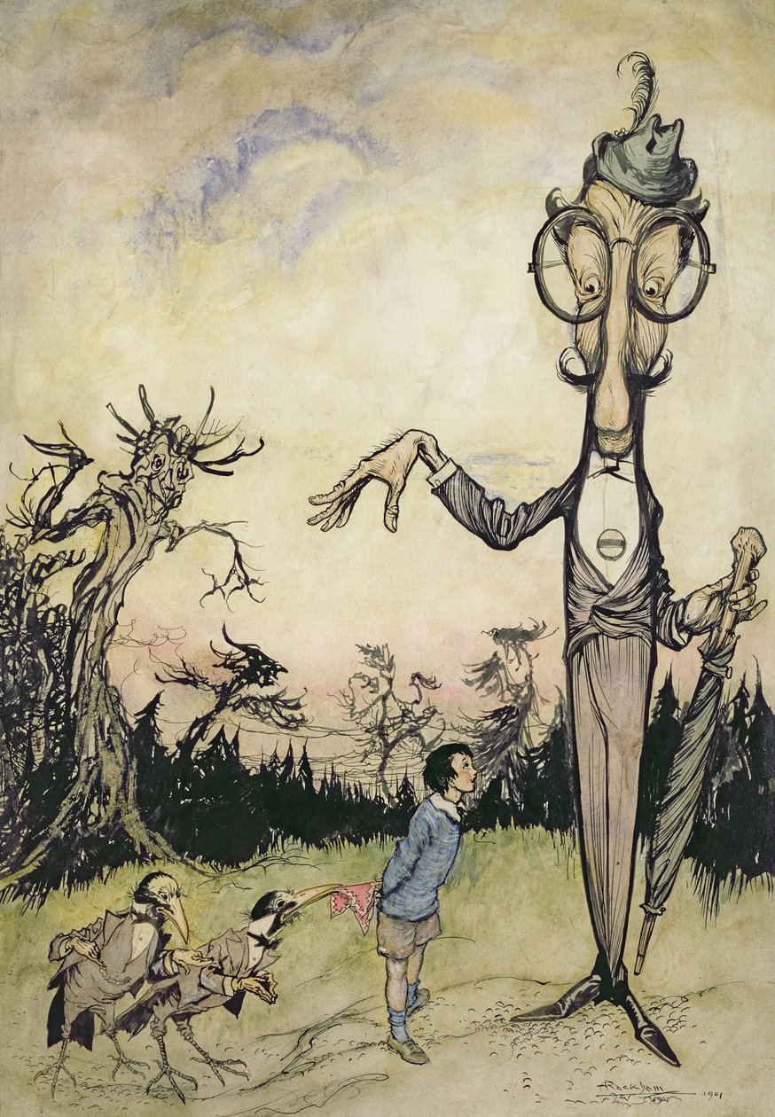 A Giant with a Child and Two Crows, illustration fra The Book of Betty Barber af Maggie Brown, pub.1910 (pen og blæk, senere farvelagt af Harry Rountree, 1878-1950) (også en illustration til bogen o af Arthur Rackham