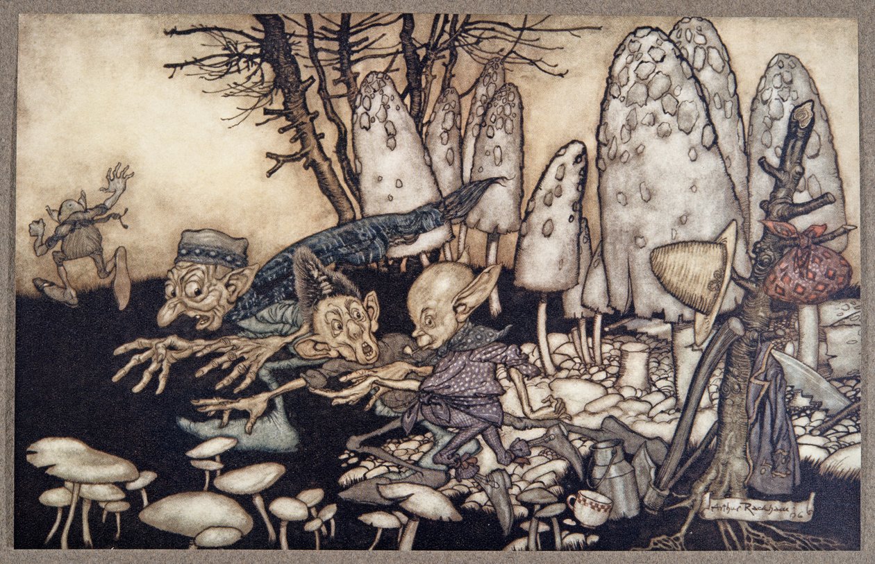 En flok arbejdere, der savede en paddehat, skyndte sig væk og efterlod deres værktøj bag sig, fra Peter Pan i Kensington Gardens af J M Barrie (1860 - 1937), pub. 1906 af Arthur Rackham