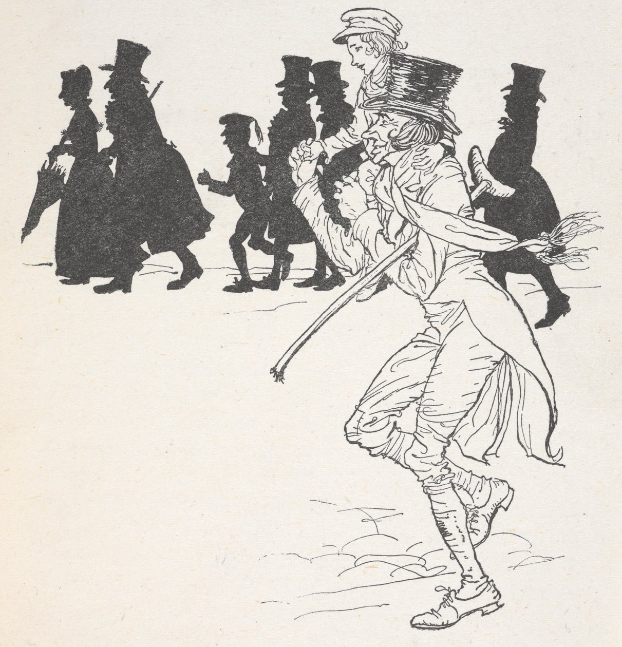 En dreng bliver båret på en mands skuldre af Arthur Rackham