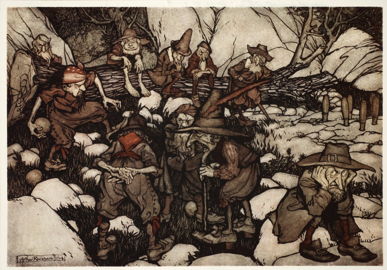 Et selskab af mærkeligt udseende personer, der spiller på kegle, fra Rip Van Winkle af Washington Irving, pub. 1910 af Arthur Rackham