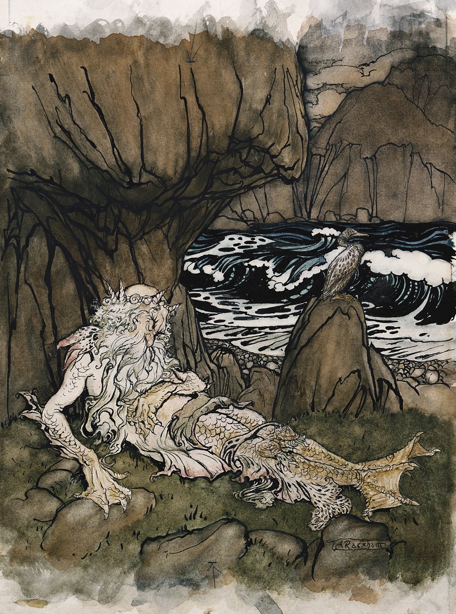 En kronet "havmand", en havgud, der sover på en klippekyst af Arthur Rackham