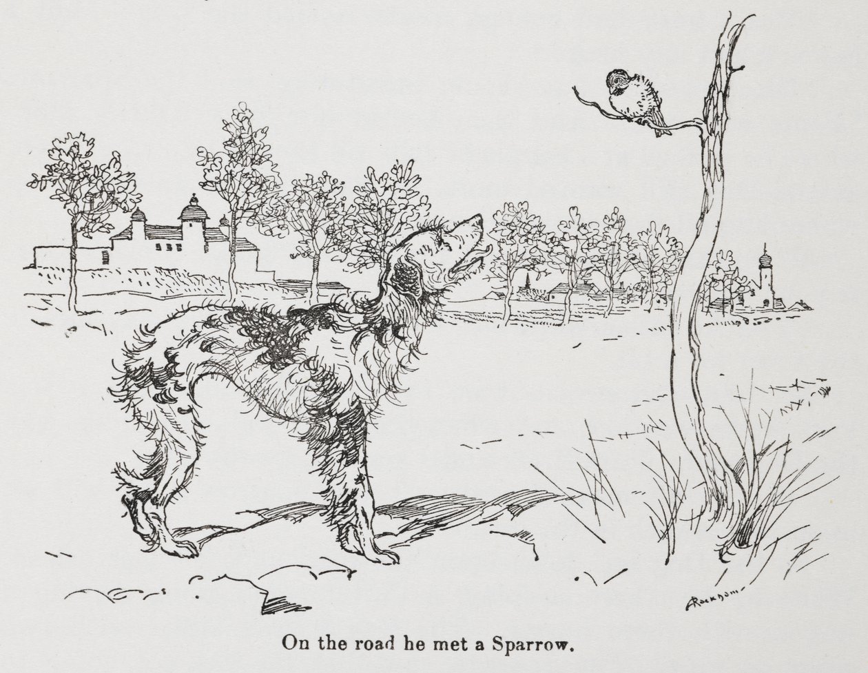 En hund og en spurv. af Arthur Rackham