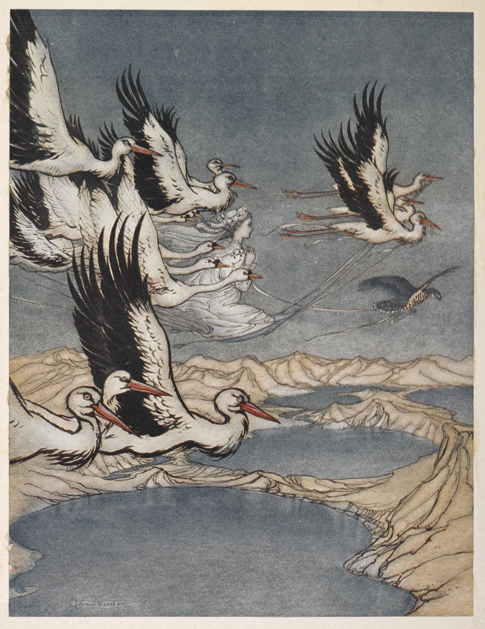 En flok fugle bærer jarl Mars datter bort på tærsklen til hendes bryllup af Arthur Rackham