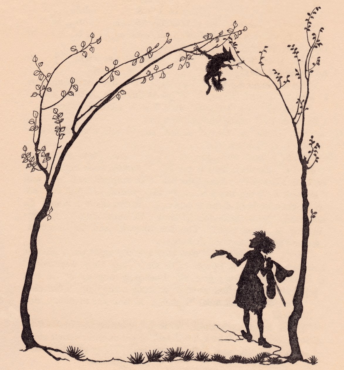 En ræv bundet med sine poter til to hasseltræer. Illustration af Arthur Rackham fra Grimm