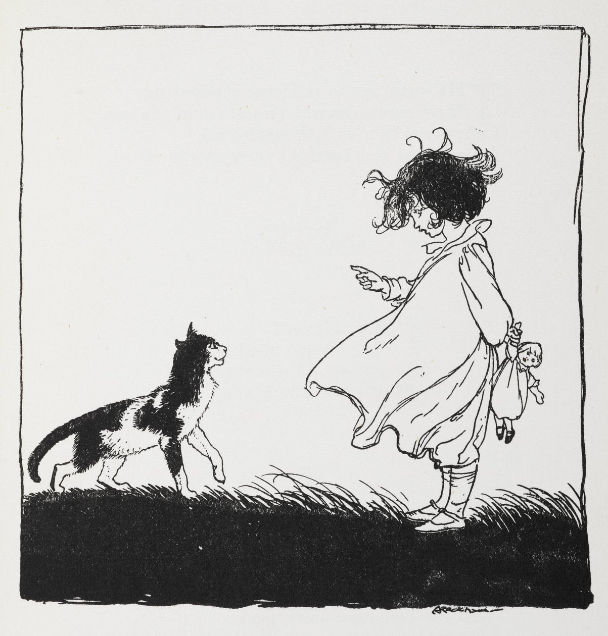 En pige med en dukke fortæller sin kat. af Arthur Rackham