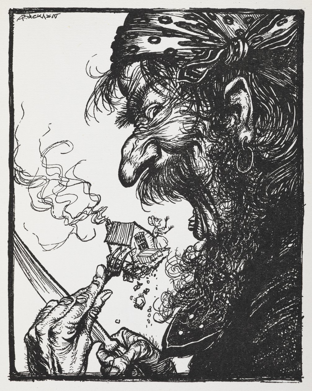 En stor mand spiser en lille dame og hendes hus. af Arthur Rackham