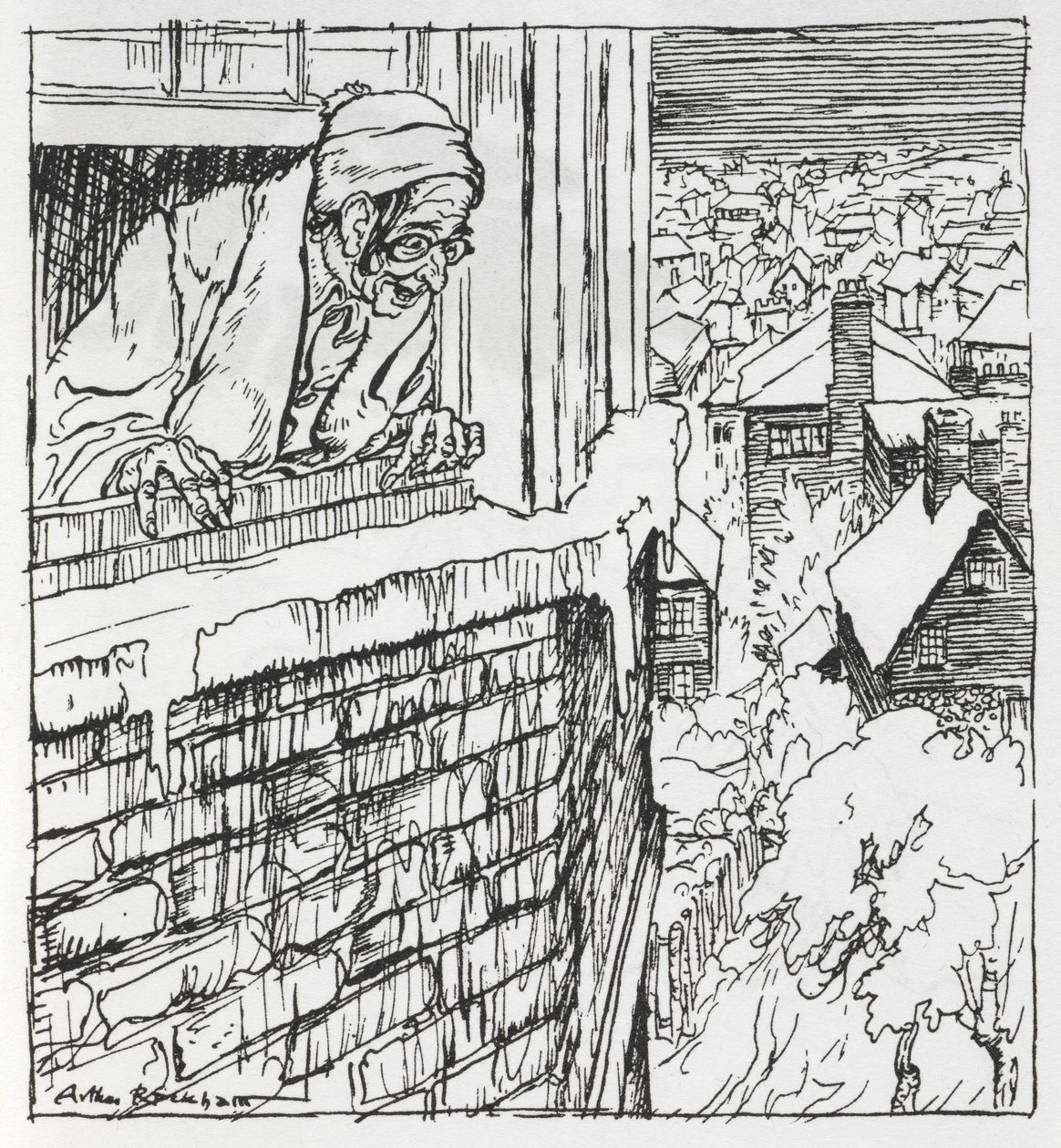En mand kigger ud af et vindue af Arthur Rackham