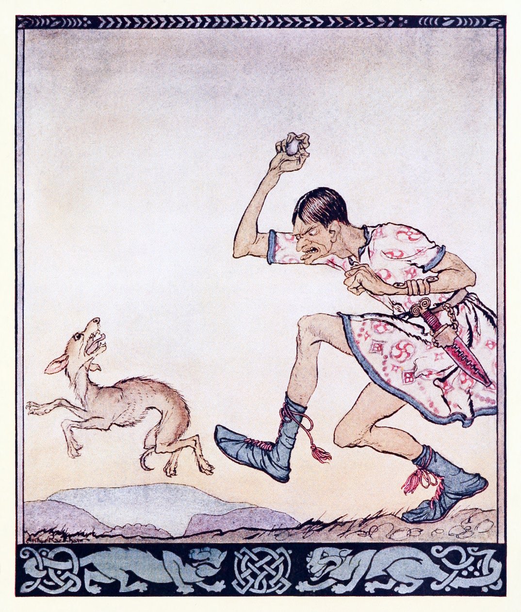 En mand, der ikke kunne lide hunde. Faktisk hadede han dem. fra The Birth of Bran i Irish Fairy Tales af Arthur Rackham