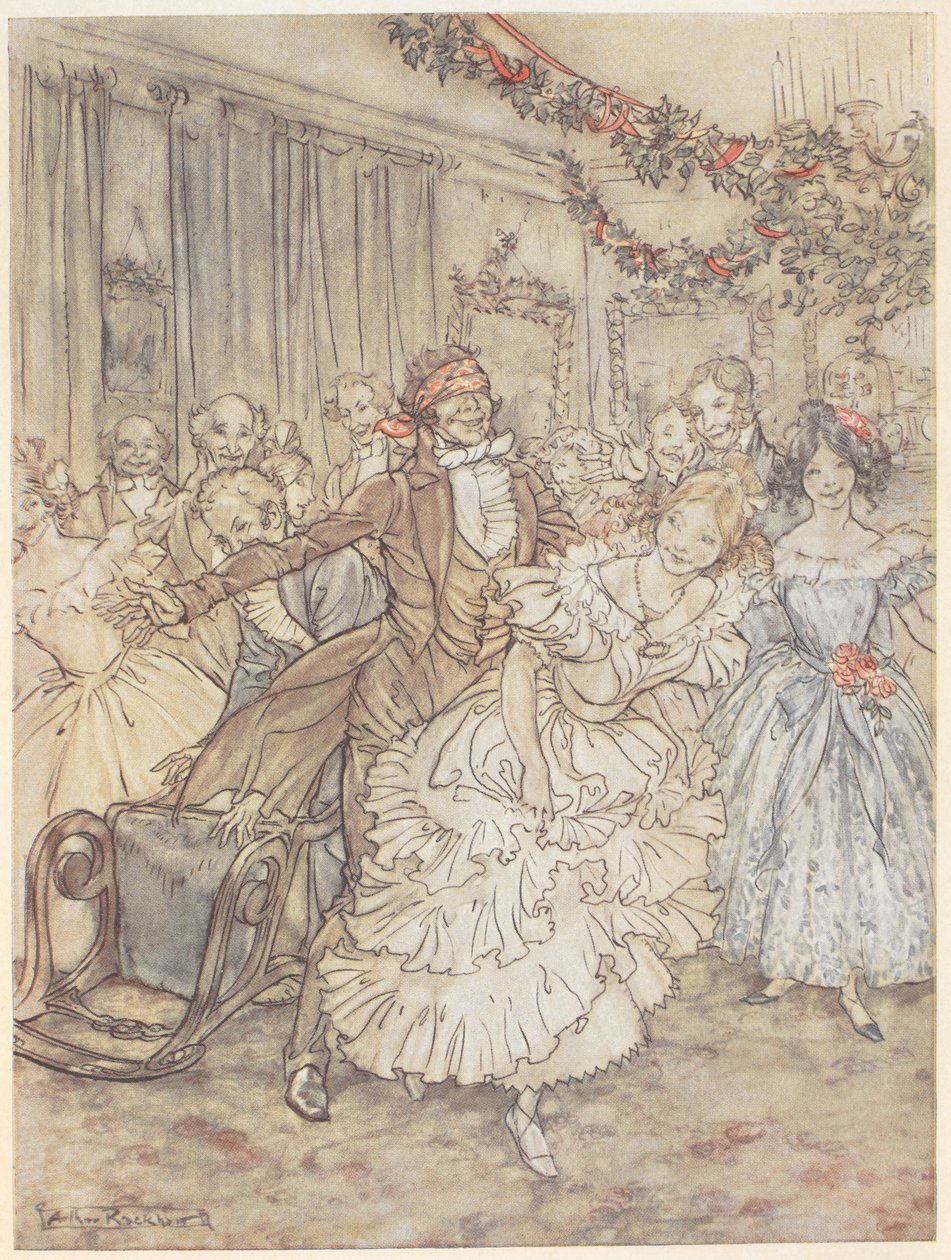 En fest, der spiller blind mands bluff. En mand med bind for øjnene jagter en kvinde i en flæse kjole af Arthur Rackham